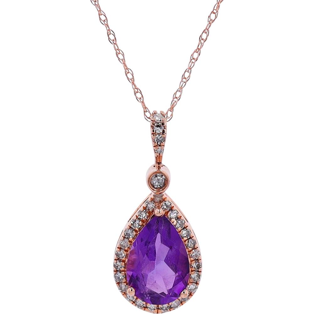 14K White Gold Pear-Cut Amethyst Halo Pendant with 0.17 Carats Total Diamond Weight