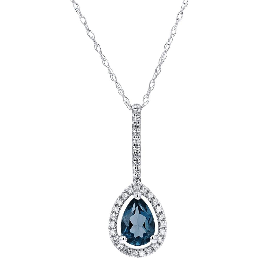 14K White Gold Pear-Cut London Blue Topaz Pendant with Diamond Halo - 0.08 Carats Total Diamond Weight