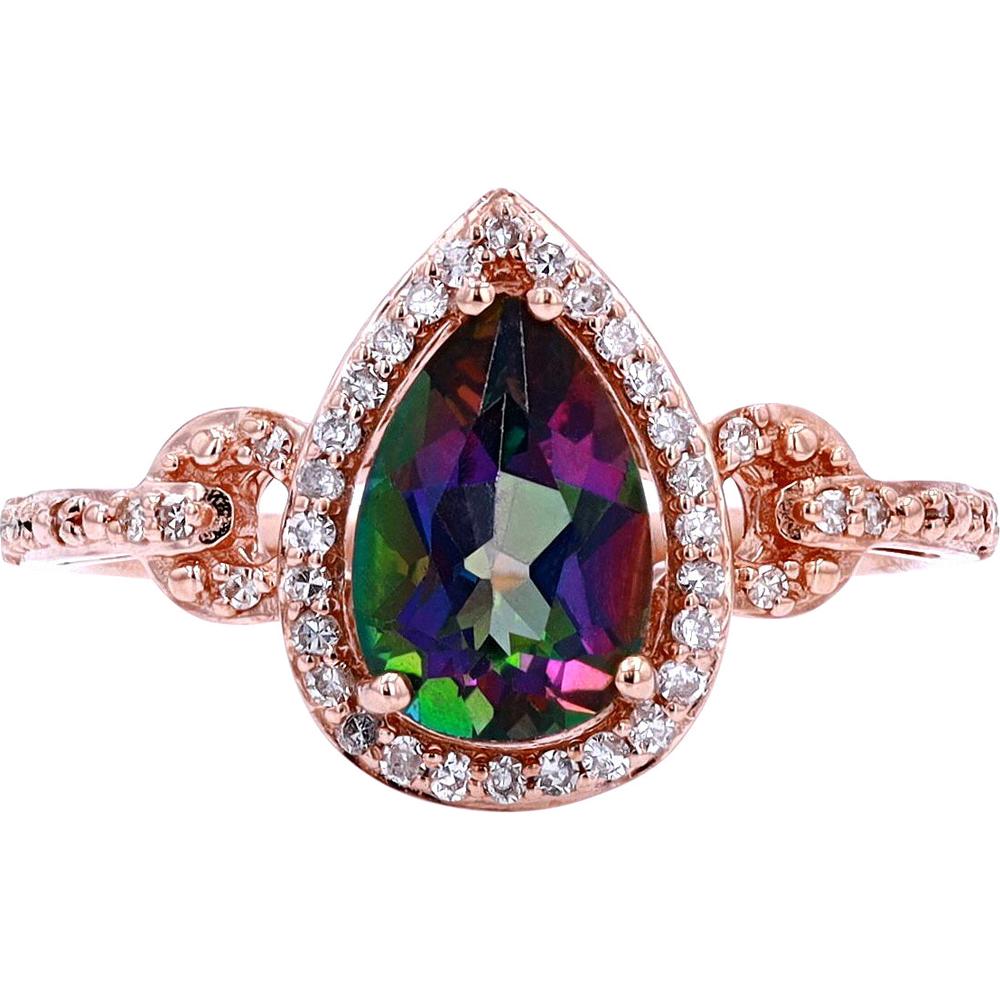 14K White Gold Pear-Cut Mystic Topaz Ring with Diamond Halo and Horsebit Shank - 0.20 Carats Total Diamond Weight