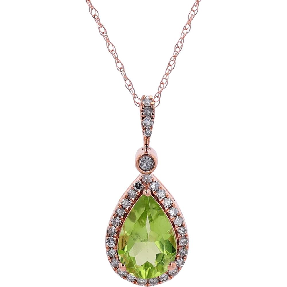 14K White Gold Pear-Cut Peridot Pendant with 0.17 Carats Diamond Halo