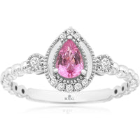 14K White Gold Pear-Cut Pink Sapphire Ring with Diamond Halo and Milgrain Detail - 0.43 Carat Pink Sapphire and 0.10 Carat Total Diamond Weight - Royal Jewelry