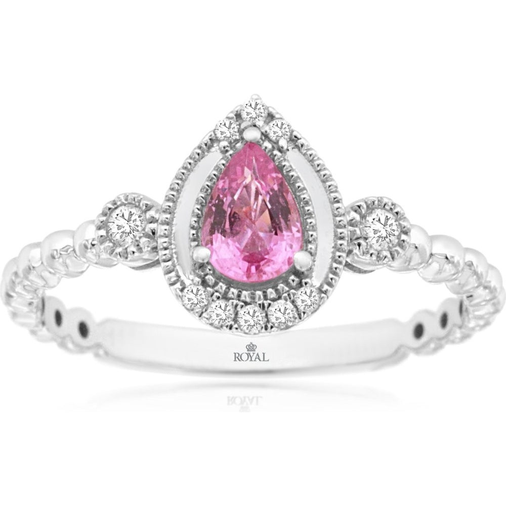 14K White Gold Pear-Cut Pink Sapphire Ring with Diamond Halo and Milgrain Detail - 0.43 Carat Pink Sapphire and 0.10 Carat Total Diamond Weight - Royal Jewelry