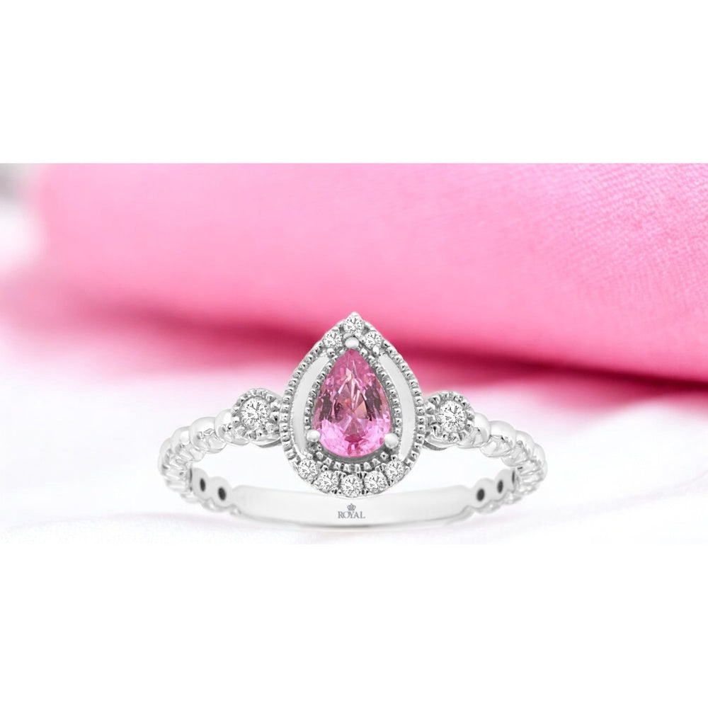14K White Gold Pear-Cut Pink Sapphire Ring with Diamond Halo and Milgrain Detail - 0.43 Carat Pink Sapphire and 0.10 Carat Total Diamond Weight - Royal Jewelry
