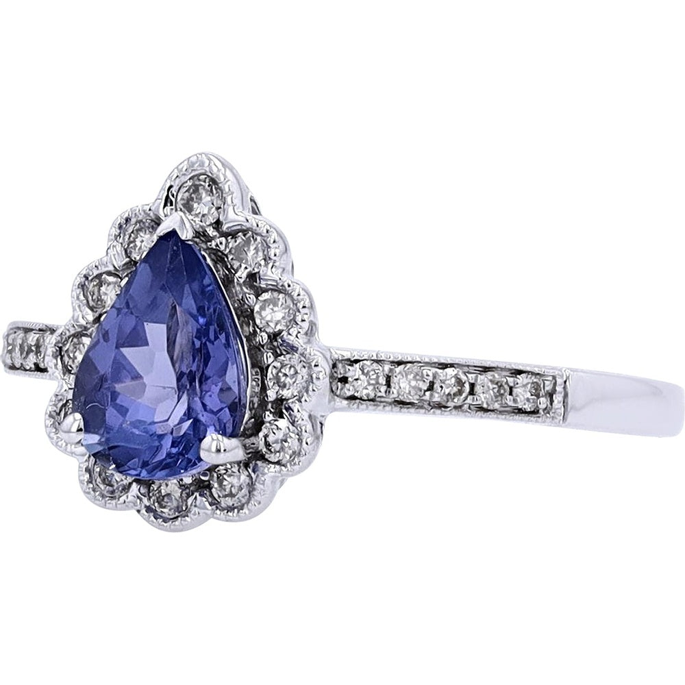 14K White Gold Pear-Cut Tanzanite Ring with Diamond Halo and Milgrain Detail - 0.75 Carat Tanzanite and 0.18 Carat Total Diamond Weight
