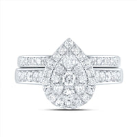 14K White Gold Pear Diamond Bridal Ring Set - 1 Carat Total Diamond Weight