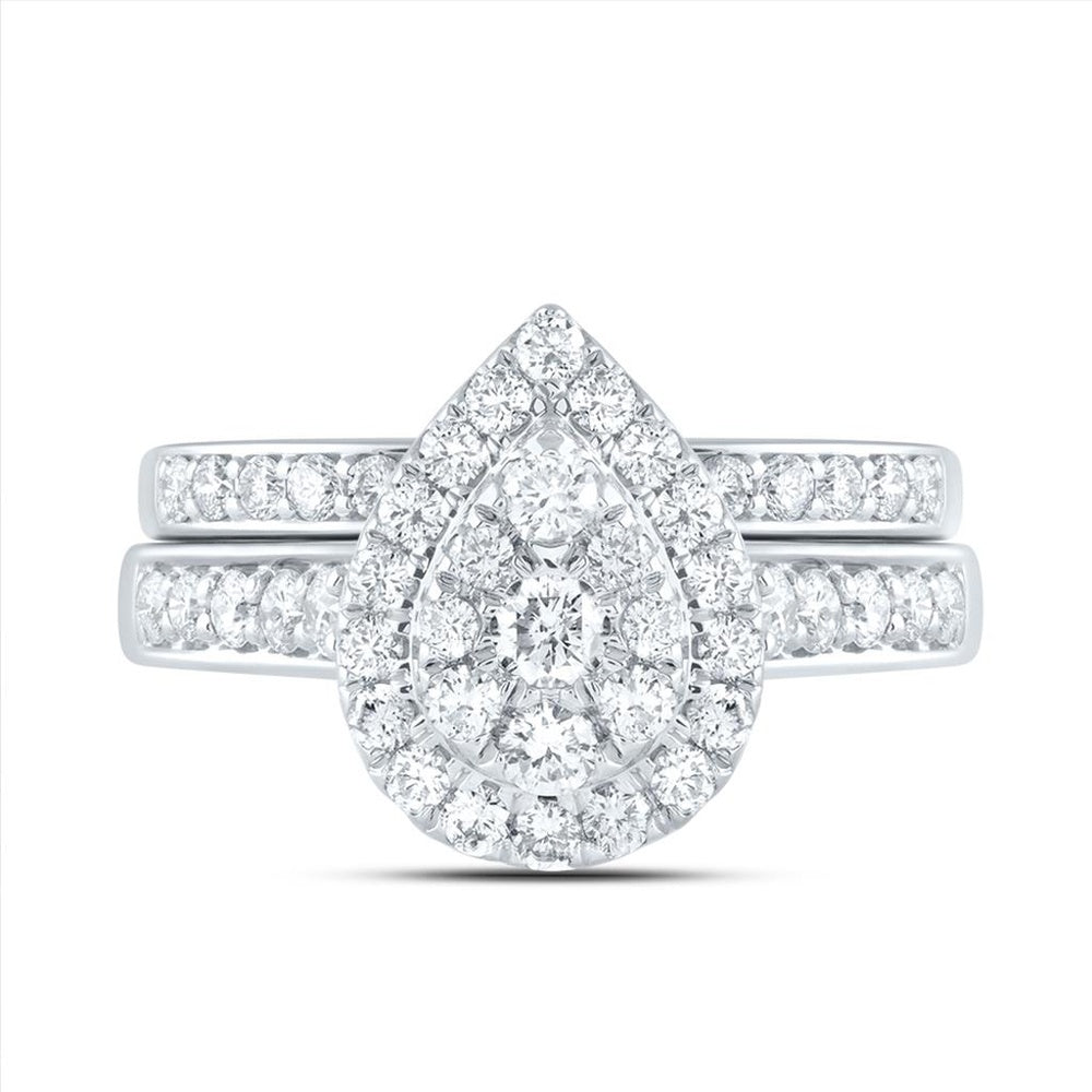 14K White Gold Pear Diamond Bridal Ring Set - 1 Carat Total Diamond Weight