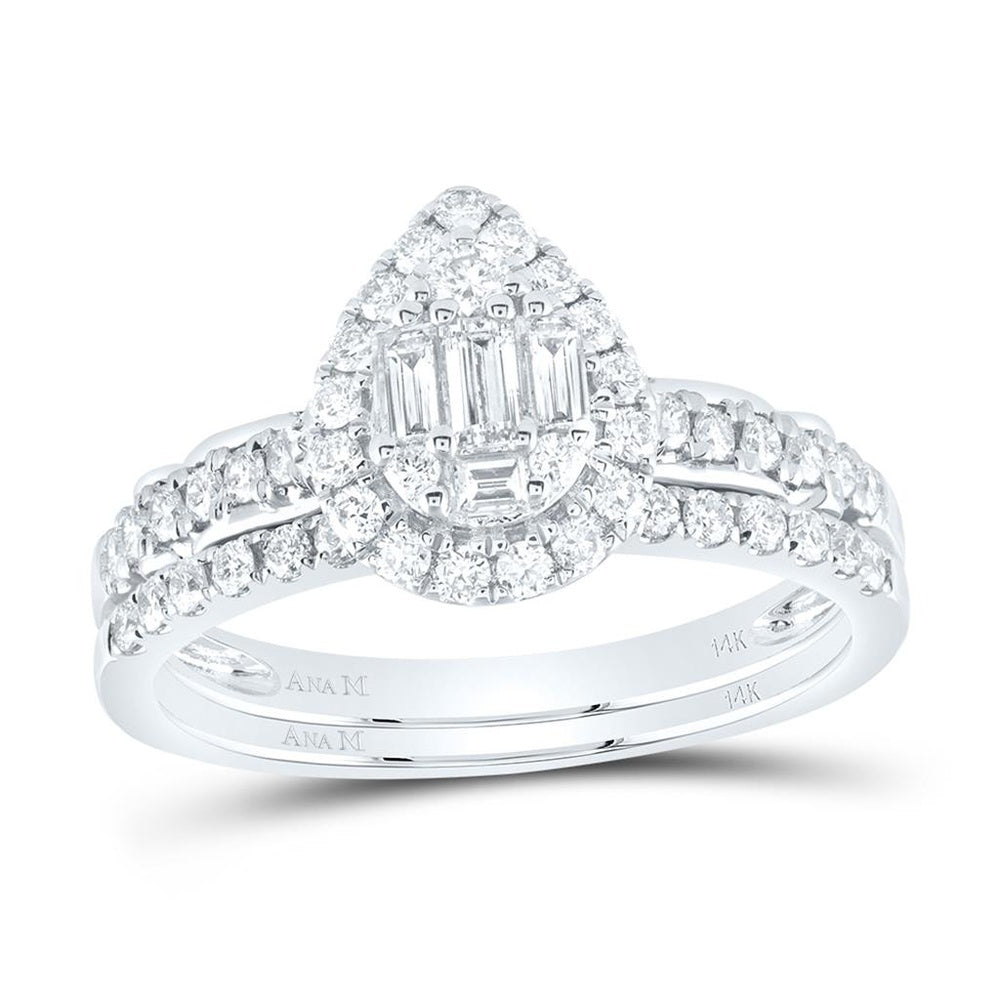 14K White Gold Pear Diamond Bridal Ring Set - 3/4 Carat Total Diamond Weight