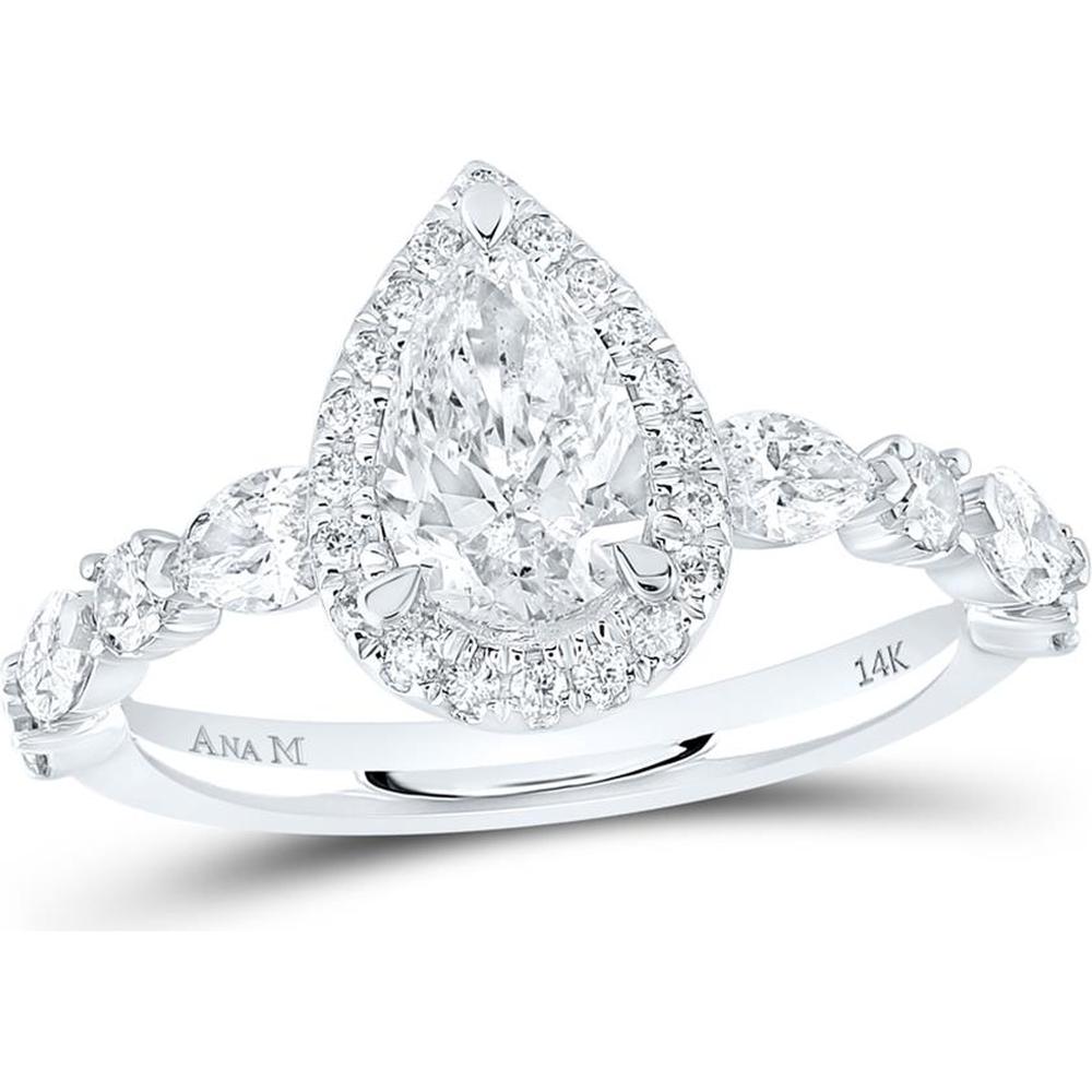 14K White Gold Pear Diamond Halo Bridal Engagement Ring 1-7/8 Carat Total Weight (Certified)