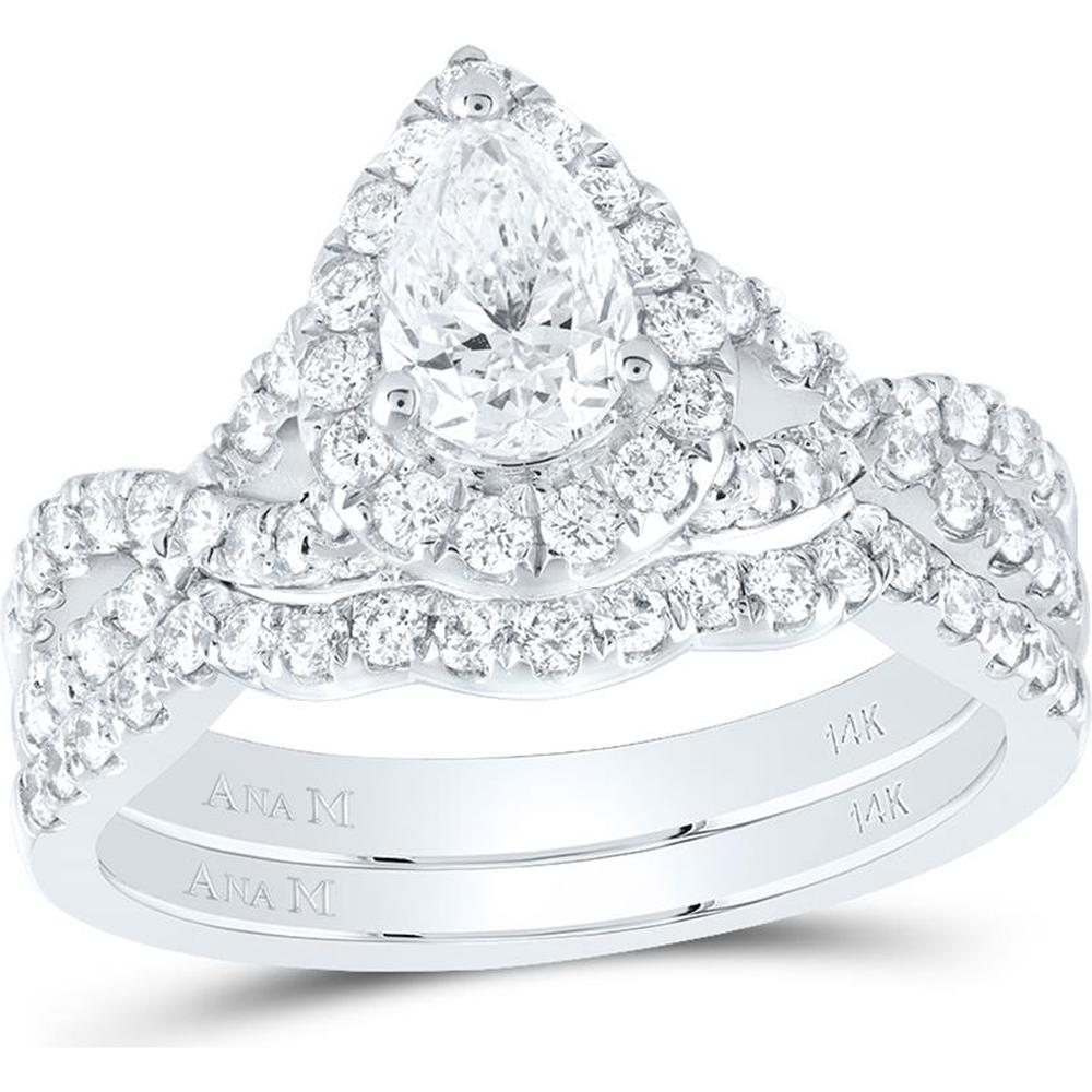 14K White Gold Pear Diamond Halo Bridal Wedding Ring Set - 1.5 Carat Total Weight (Certified)