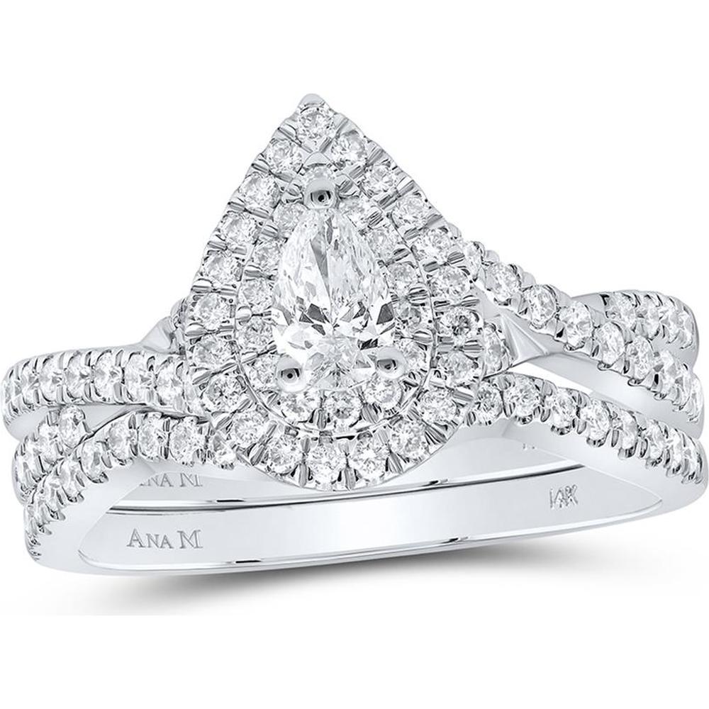 14K White Gold Pear Diamond Halo Bridal Wedding Ring Set with 1 Carat Total Diamond Weight