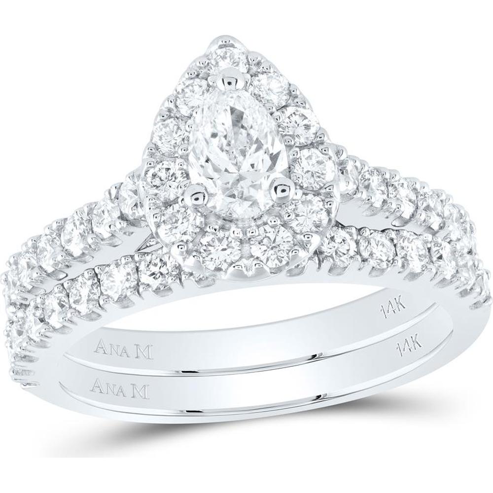 14K White Gold Pear Diamond Halo Bridal Wedding Ring Set with Blue Sapphire - 1.75 Carat Total Diamond Weight