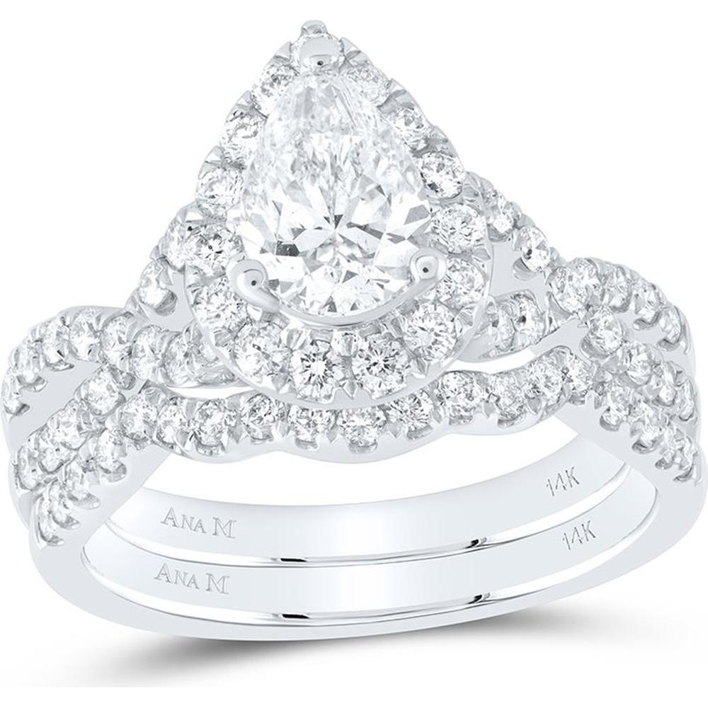 14K White Gold Pear Diamond Halo Bridal Wedding Ring Set with Blue Sapphire - 2.01 Carat Total Diamond Weight
