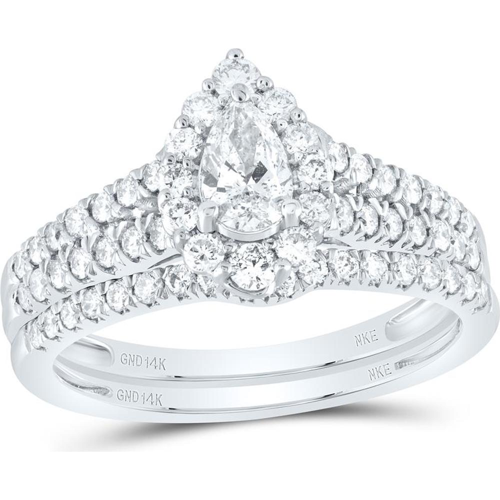 14K White Gold Pear Diamond Halo Bridal Wedding Ring Set with Round Diamonds and Blue Sapphire - 1.0 Carat Total Diamond Weight