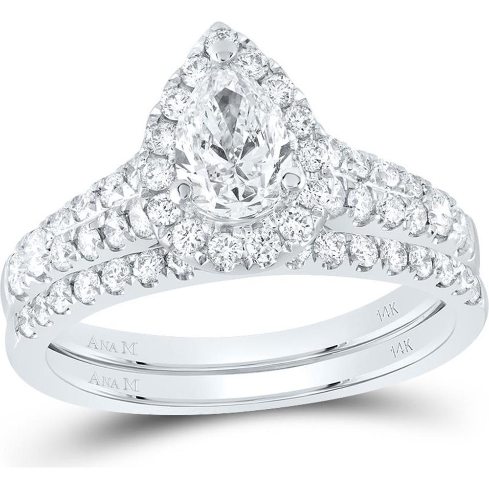 14K White Gold Pear Diamond Halo Bridal Wedding Ring Set with Round Diamonds and Blue Sapphire - 1.5 Carat Total Diamond Weight