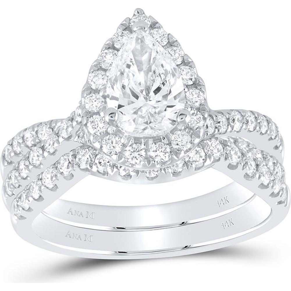 14K White Gold Pear Diamond Halo Bridal Wedding Ring Set with Round Diamonds and Blue Sapphire - 2.0 Carat Total Diamond Weight