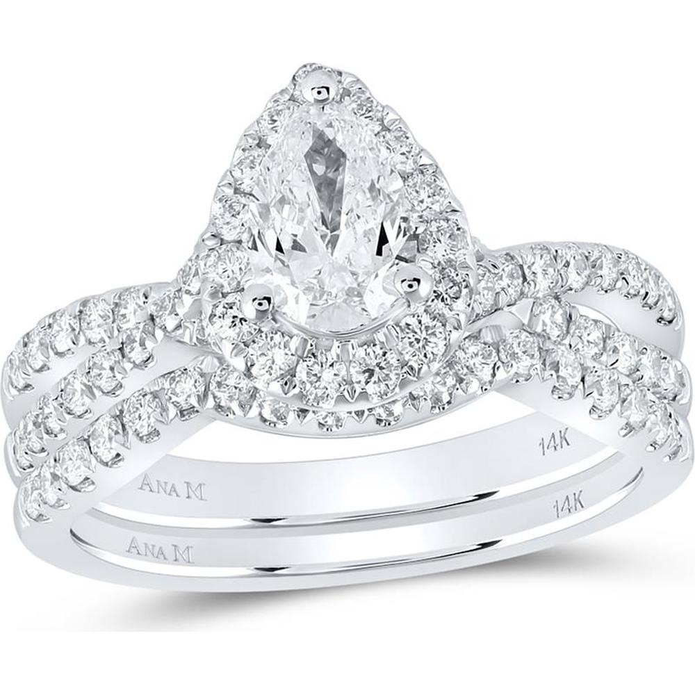 14K White Gold Pear Diamond Halo Bridal Wedding Ring Set with Round Diamonds and Blue Sapphire Accent - 1.5 Carat Total Diamond Weight