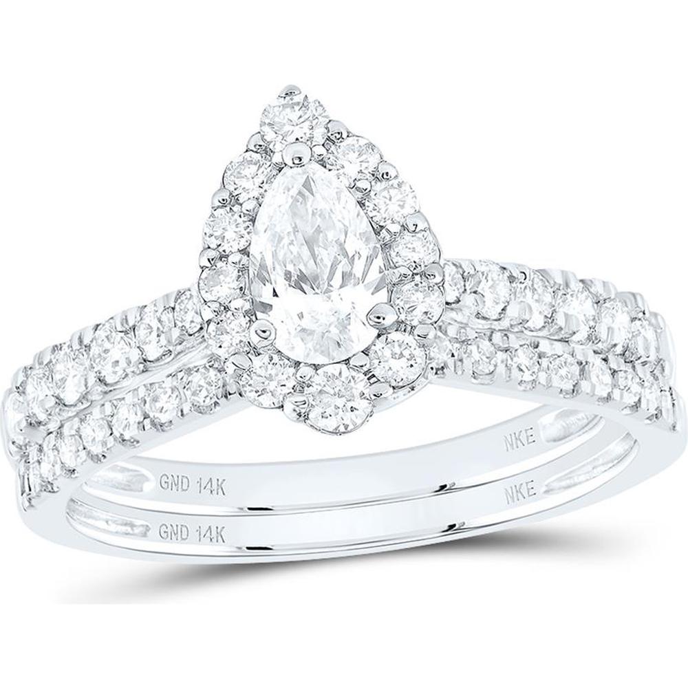 14K White Gold Pear Diamond Halo Bridal Wedding Ring Set with Round Diamonds and Blue Sapphire Accent - 1 Carat Total Diamond Weight