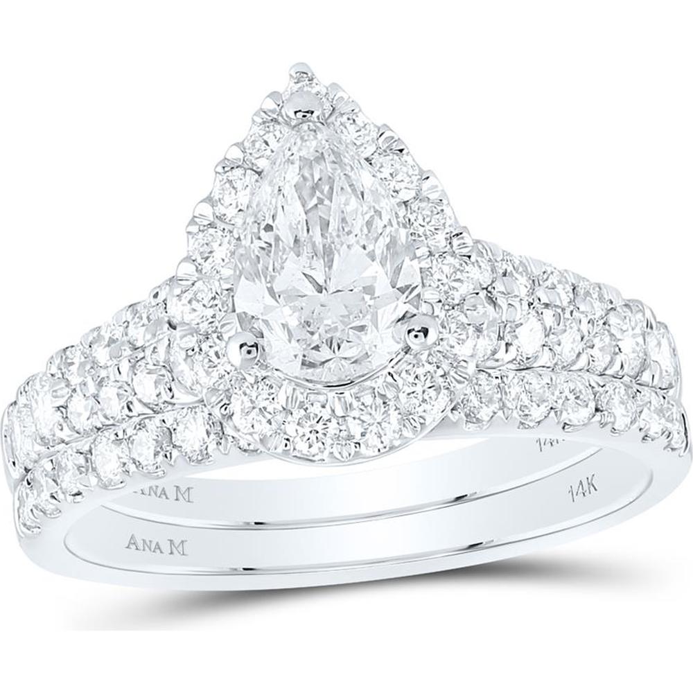14K White Gold Pear Diamond Halo Bridal Wedding Ring Set with Round Diamonds and Blue Sapphire Accent - 2 Carat Total Diamond Weight