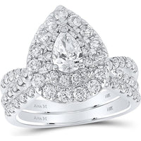 14K White Gold Pear Diamond Halo Bridal Wedding Ring Set with Sapphire Accent - 2.00 Carat Total Diamond Weight