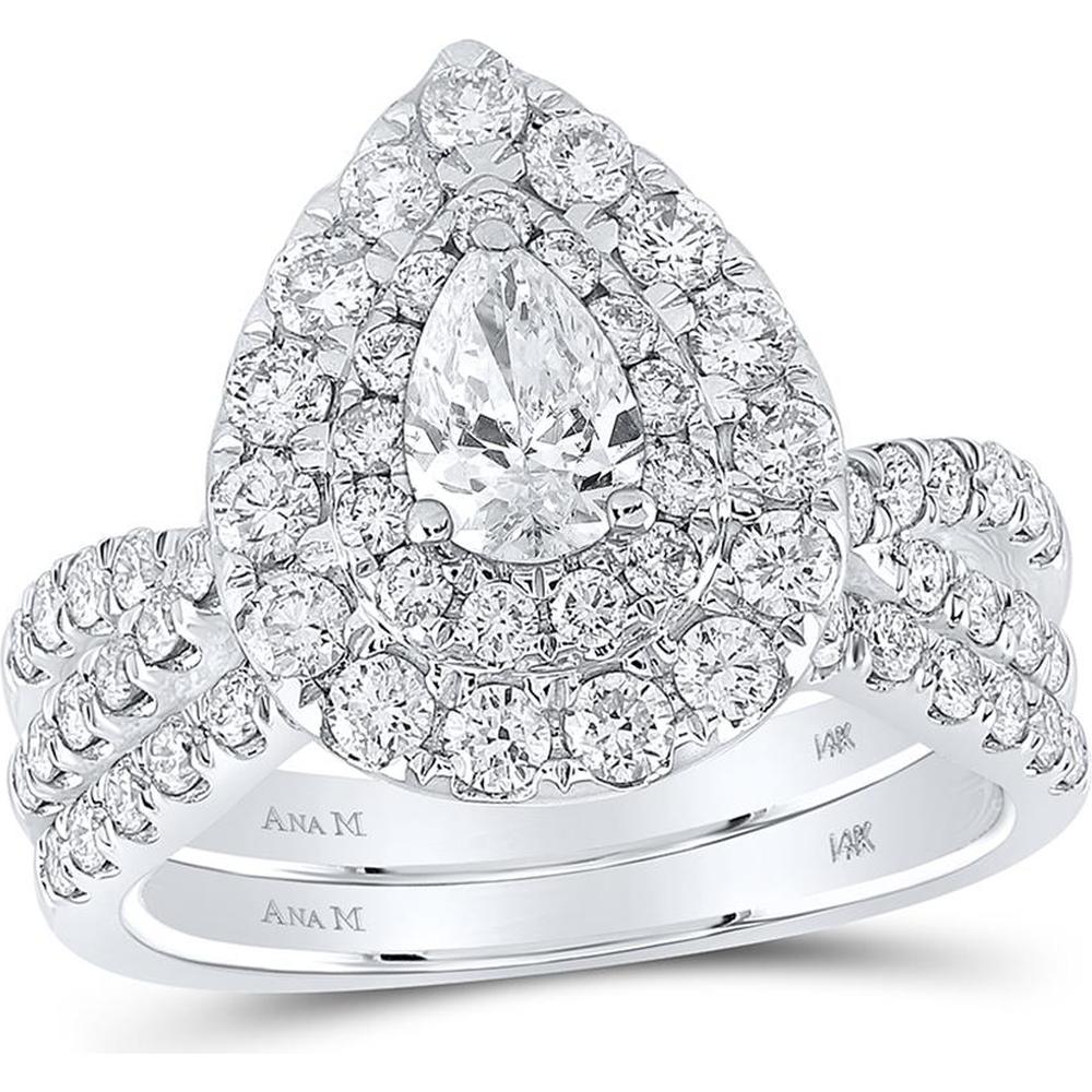 14K White Gold Pear Diamond Halo Bridal Wedding Ring Set with Sapphire Accent - 2.00 Carat Total Diamond Weight