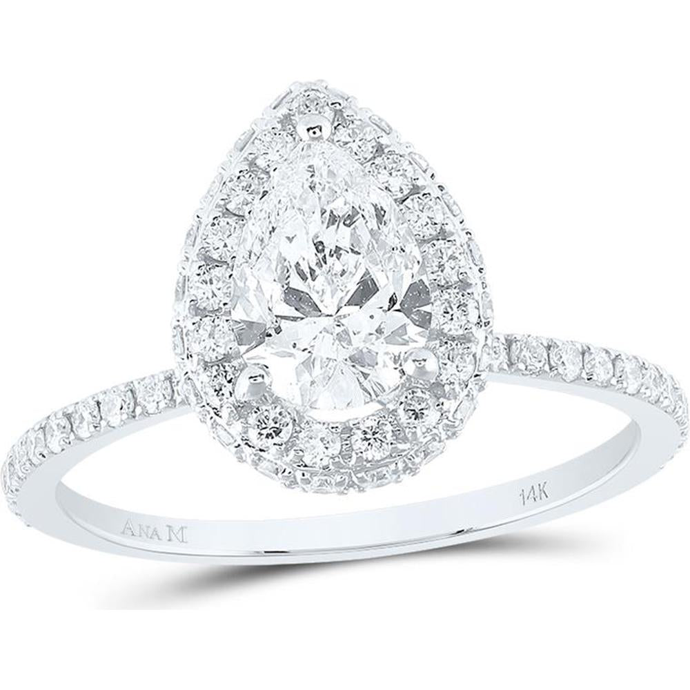 14K White Gold Pear Diamond Halo Engagement Ring - 1.67 Carat Total Diamond Weight