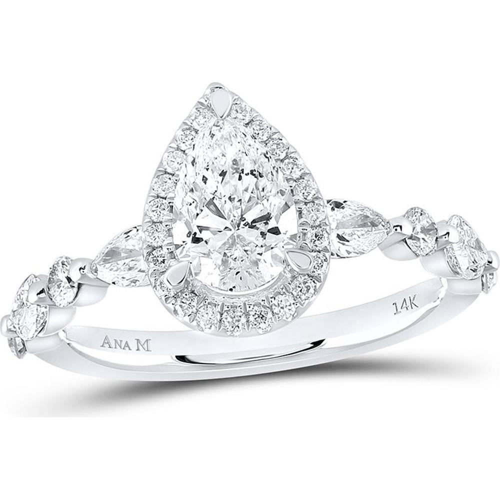 14K White Gold Pear Diamond Halo Engagement Ring - 1 and 7/8 Carat Total Diamond Weight, Certified
