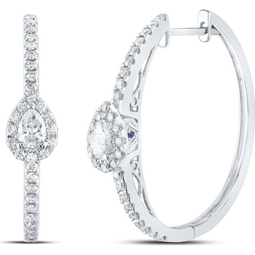 14K White Gold Pear Diamond Hoop Earrings with Round Diamond and Blue Sapphire - 1.02 Carat Total Diamond Weight