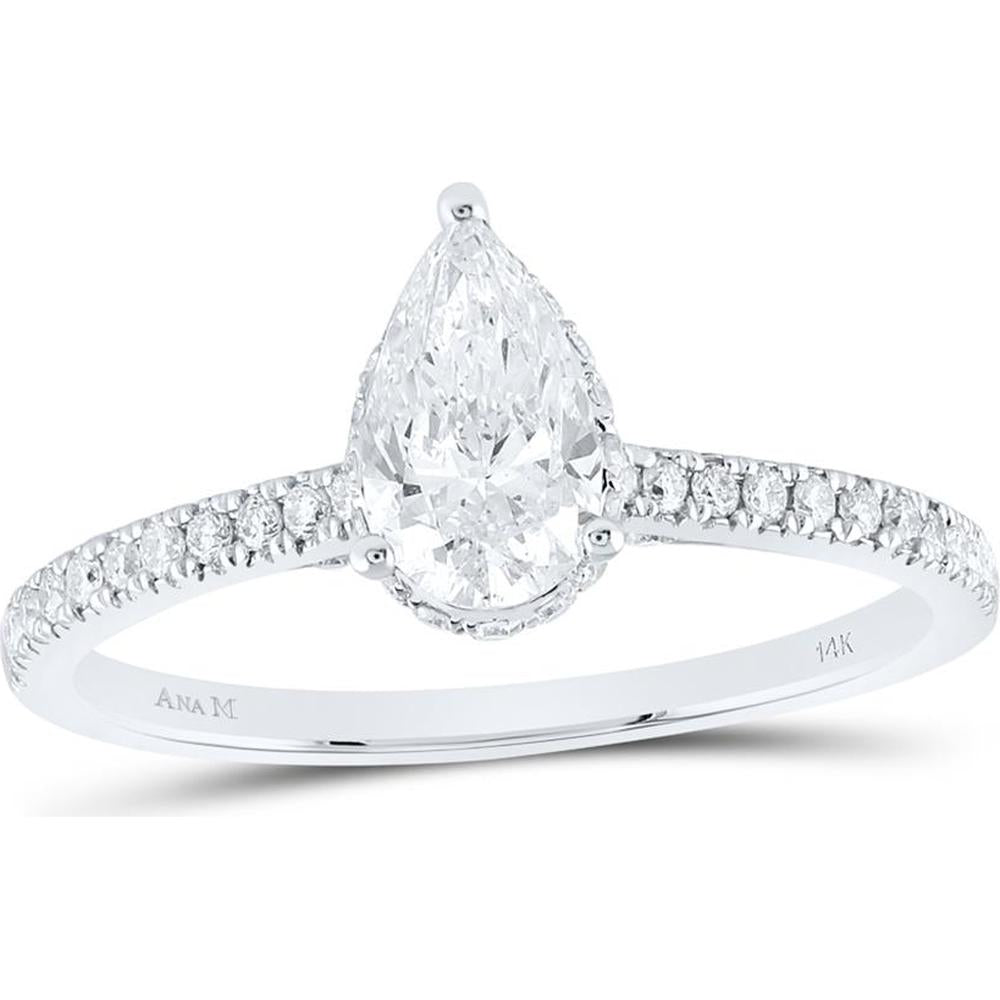 14K White Gold Pear Diamond Solitaire Engagement Ring with Pave Round Diamonds and Blue Sapphire - 1.02 Carat Total Diamond Weight