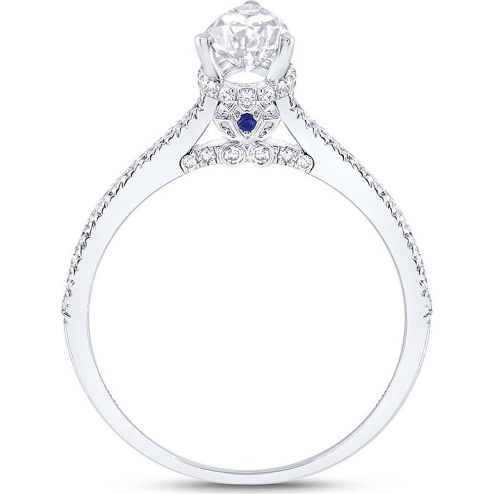 14K White Gold Pear Diamond Solitaire Engagement Ring with Pave Round Diamonds and Blue Sapphire - 1.02 Carat Total Diamond Weight