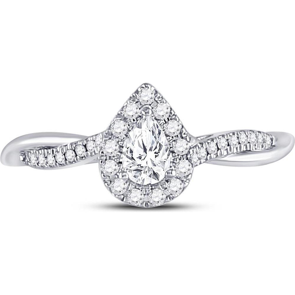 14K White Gold Pear Diamond Solitaire Engagement Ring with Round Accent Diamonds - 1/3 Carat Total Diamond Weight