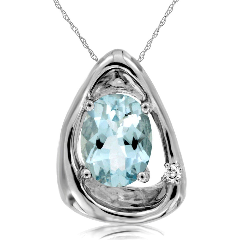 14K White Gold Pear-Embraced Pendant with Oval Aquamarine and Single Diamond Accent - 1.45 Carat Aquamarine and 0.02 Carat Diamond Total Weight - Royal Jewelry