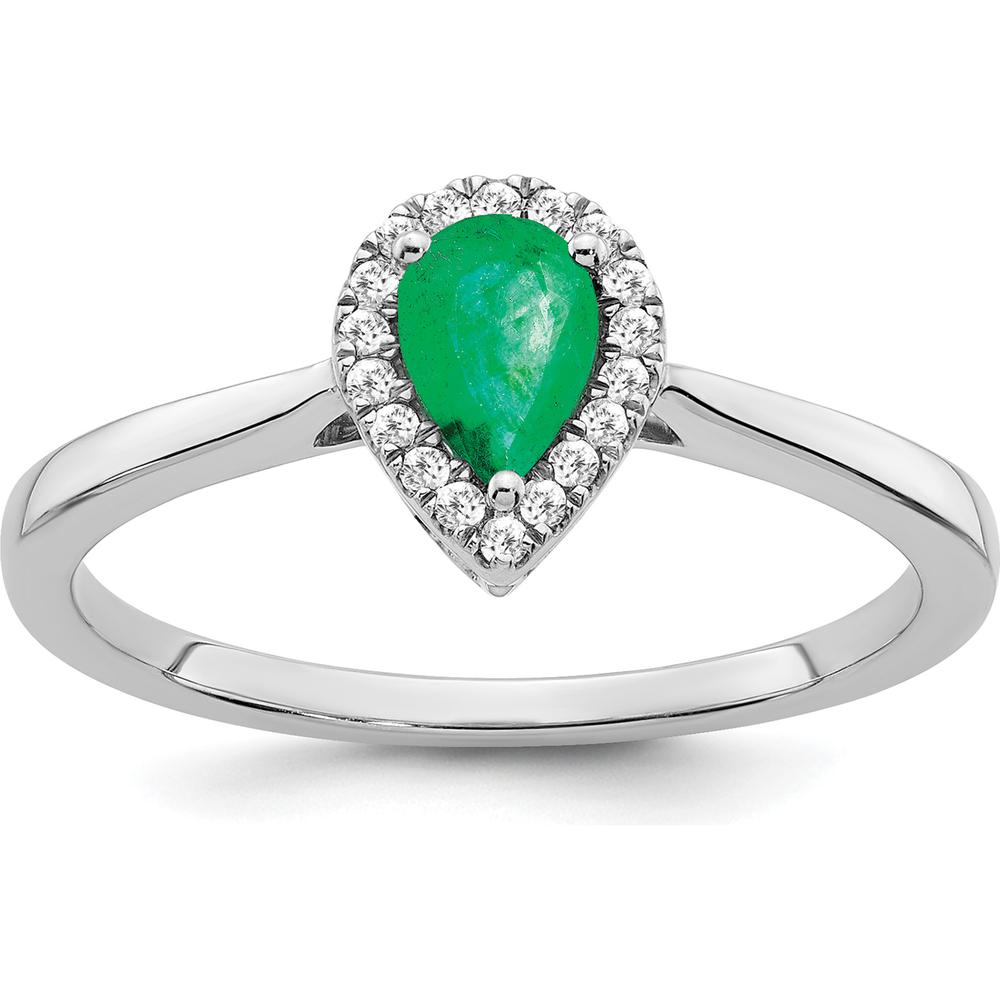 14K White Gold Pear Emerald and Diamond Halo Ring - 0.5 Carat Emerald and 0.09 Carat Diamond Total Weight by 0