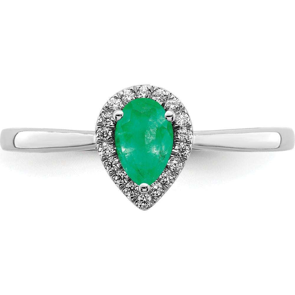 14K White Gold Pear Emerald and Diamond Halo Ring - 0.5 Carat Emerald and 0.09 Carat Diamond Total Weight by 0