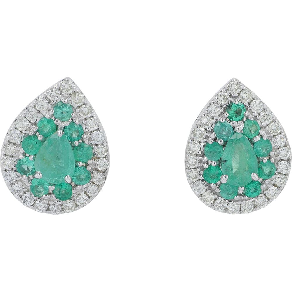 14K White Gold Pear Emerald Stud Earrings with Diamond Halo - 0.43-0.62 Carat Total Emerald Weight, 0.20 Carat Total Diamond Weight