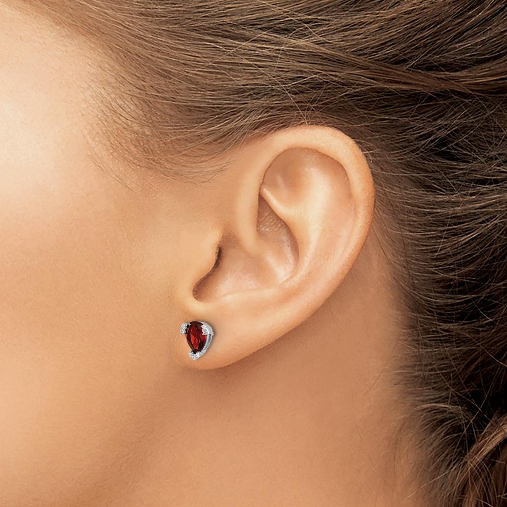 14K White Gold Pear Garnet and Round Diamond Button Earrings - 1.14 Carat Total Garnet Weight, 0.004 Carat Total Diamond Weight by Monteluci Fine Jewelry