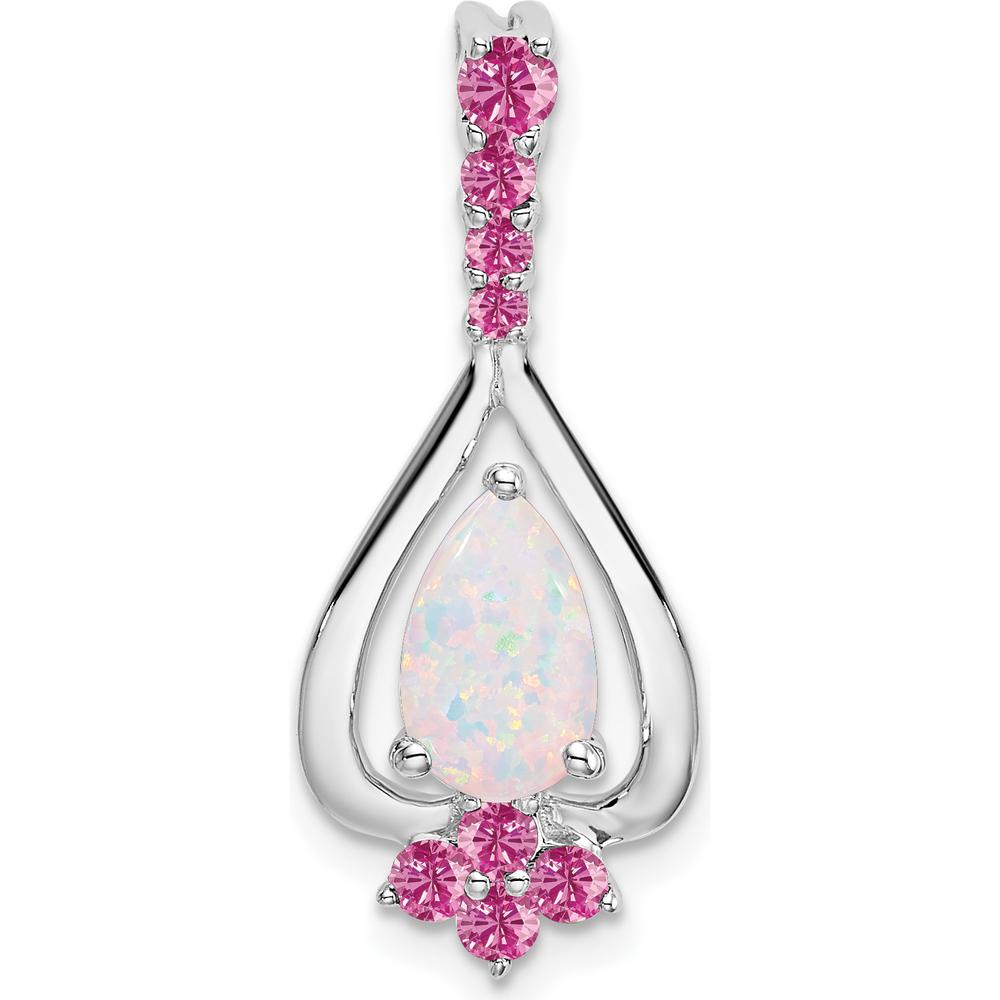 14K White Gold Pear Lab Created Opal and Pink Sapphire Pendant - 0.783 Carat Total Gem Weight by Lumare Gioia