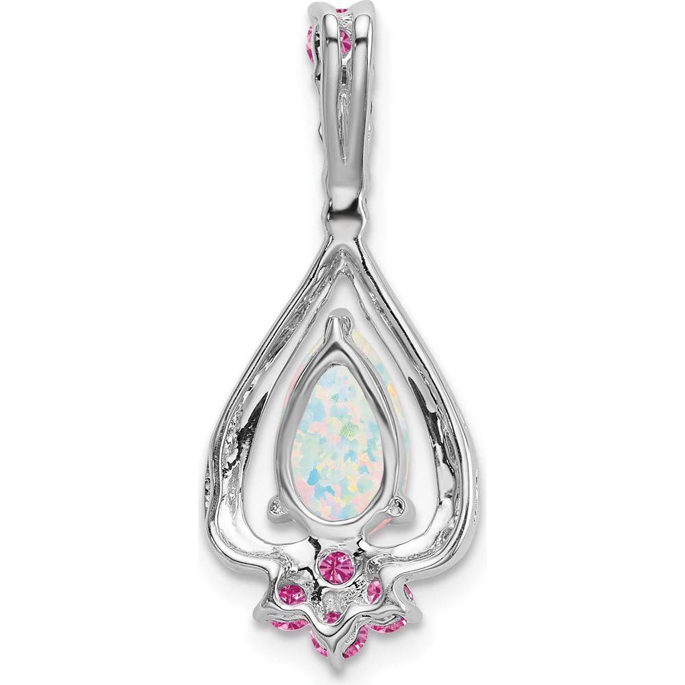 14K White Gold Pear Lab Created Opal and Pink Sapphire Pendant - 0.783 Carat Total Gem Weight by Lumare Gioia