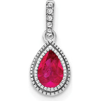 14K White Gold Pear Ruby and Diamond Pendant with Beaded Detail - 0.29 Carat Ruby, 0.06 Carat Total Diamond Weight by Lumare Gioia