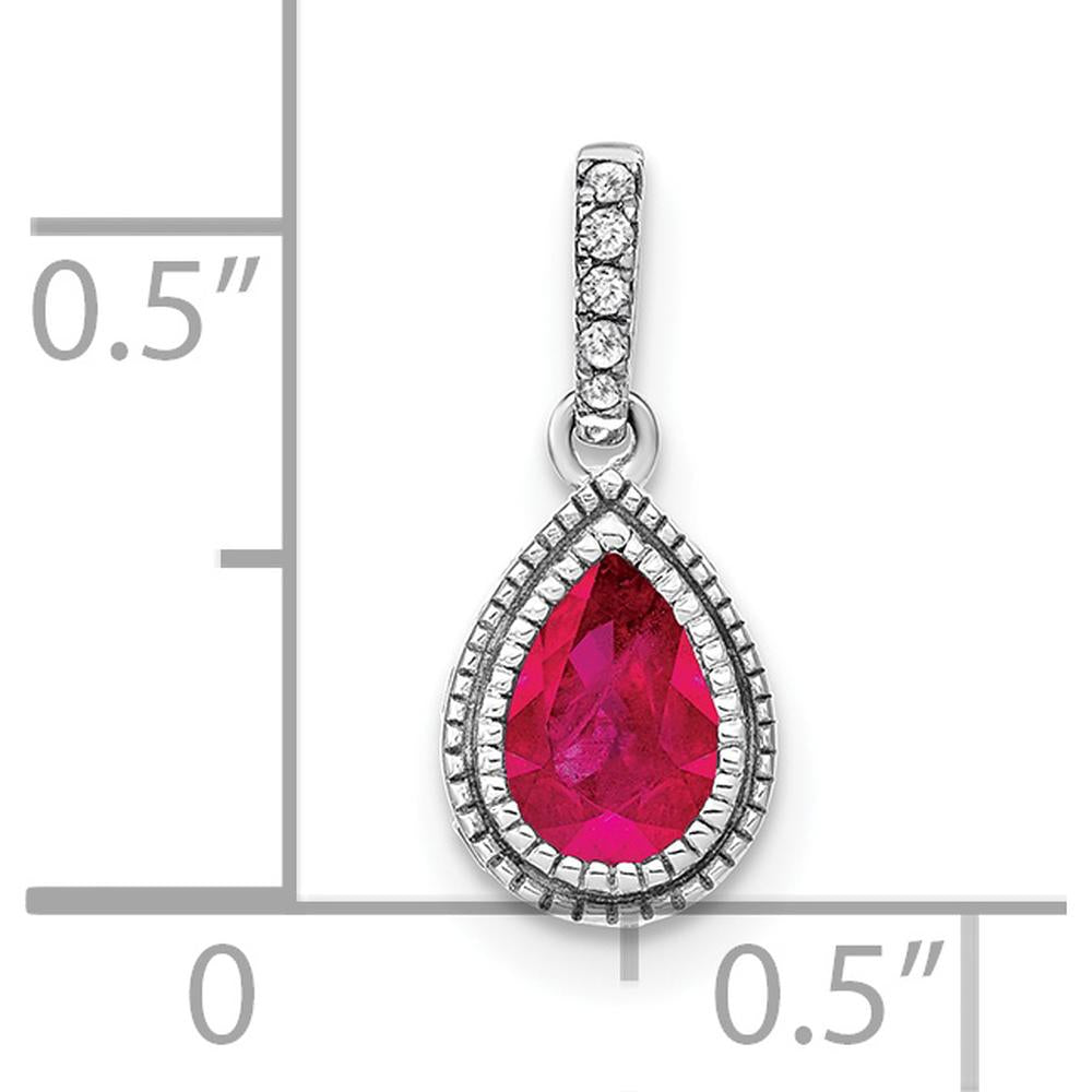 14K White Gold Pear Ruby and Diamond Pendant with Beaded Detail - 0.29 Carat Ruby, 0.06 Carat Total Diamond Weight by Lumare Gioia