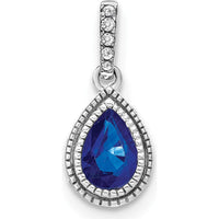 14K White Gold Pear Sapphire and Diamond Pendant with Beaded Edge Detail - 0.29 Carat Sapphire, 0.04 Carat Total Diamond Weight by Lumare Gioia