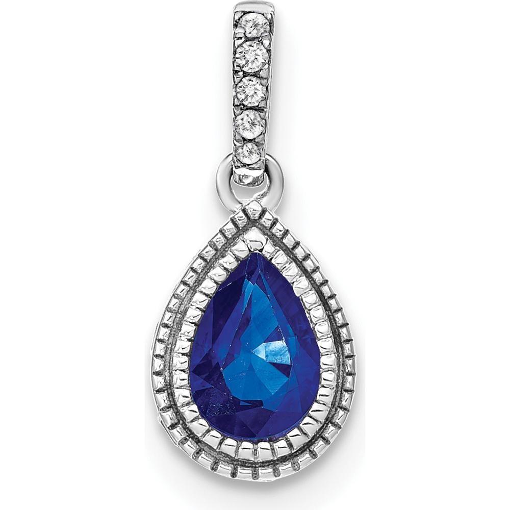 14K White Gold Pear Sapphire and Diamond Pendant with Beaded Edge Detail - 0.29 Carat Sapphire, 0.04 Carat Total Diamond Weight by Lumare Gioia