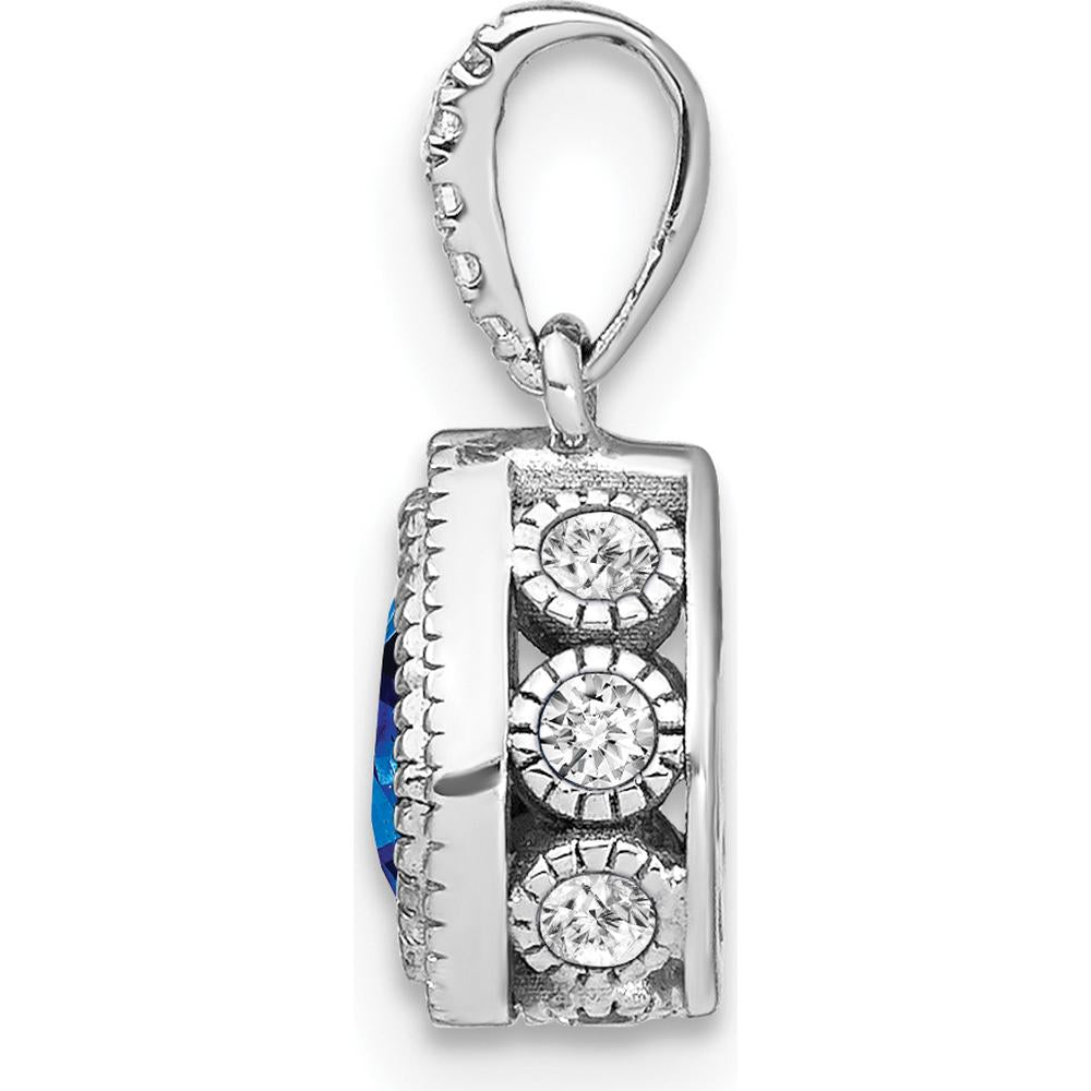 14K White Gold Pear Sapphire and Diamond Pendant with Beaded Edge Detail - 0.29 Carat Sapphire, 0.04 Carat Total Diamond Weight by Lumare Gioia