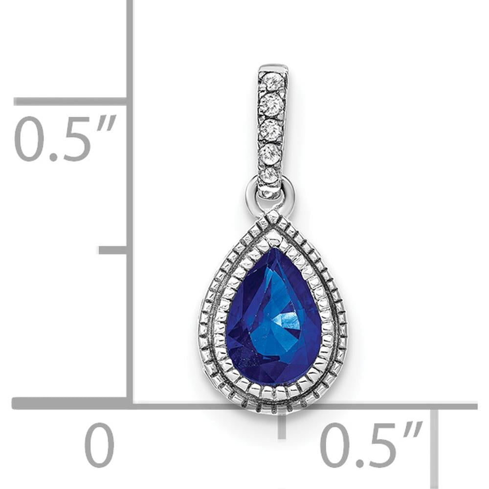 14K White Gold Pear Sapphire and Diamond Pendant with Beaded Edge Detail - 0.29 Carat Sapphire, 0.04 Carat Total Diamond Weight by Lumare Gioia