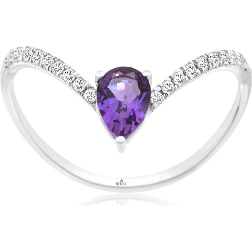 14K White Gold Pear Shape Amethyst Ring with Round Diamond Accents - 0.35 Carat Amethyst and 0.14 Carat Total Diamond Weight - Royal Jewelry