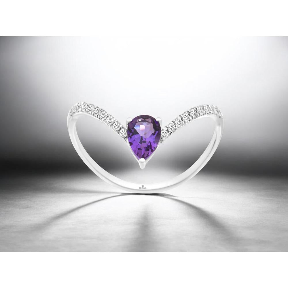 14K White Gold Pear Shape Amethyst Ring with Round Diamond Accents - 0.35 Carat Amethyst and 0.14 Carat Total Diamond Weight - Royal Jewelry