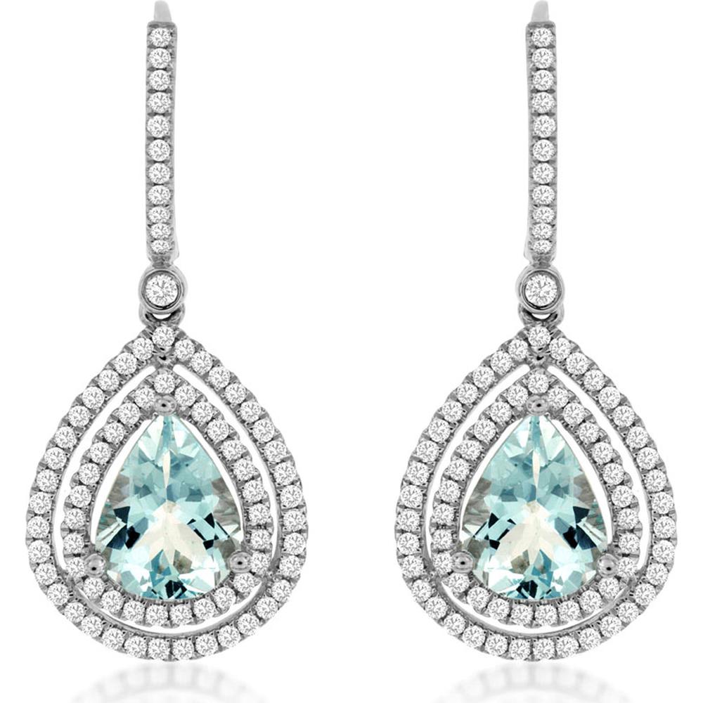 14K White Gold Pear Shape Aquamarine and Diamond Double Halo Drop Earrings - 2.60 Carat Total Aquamarine Weight, 0.85 Carat Total Diamond Weight - Royal Jewelry