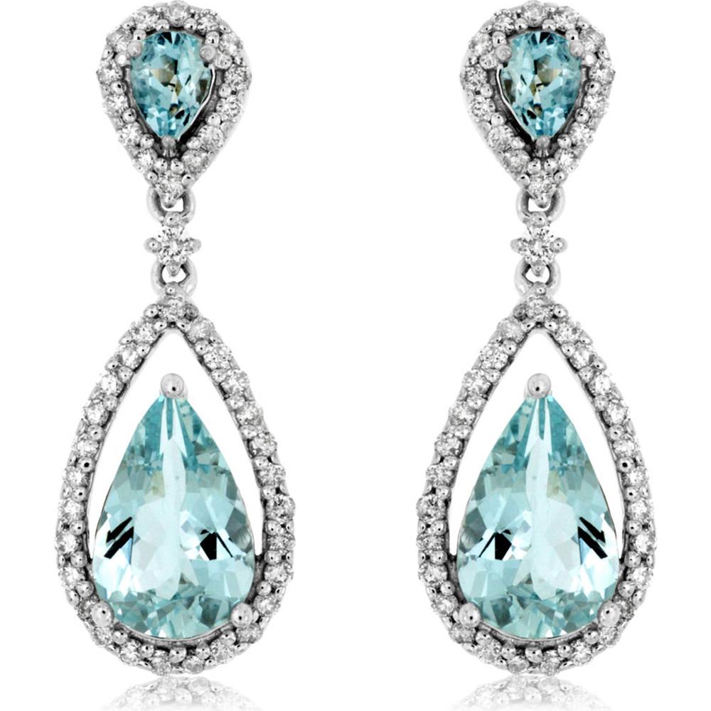 14K White Gold Pear Shape Aquamarine and Diamond Drop Earrings with Halo Detailing - 2.50 Carat Total Aquamarine Weight and 0.49 Carat Total Diamond Weight - Royal Jewelry