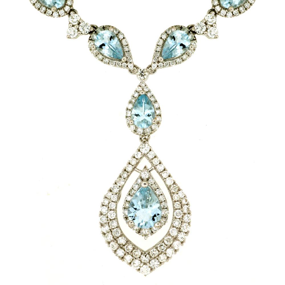 14K White Gold Pear Shape Aquamarine and Diamond Halo Drop Necklace - 7.9 Carat Total Aquamarine Weight, 4.00 Carat Total Diamond Weight - Royal Jewelry