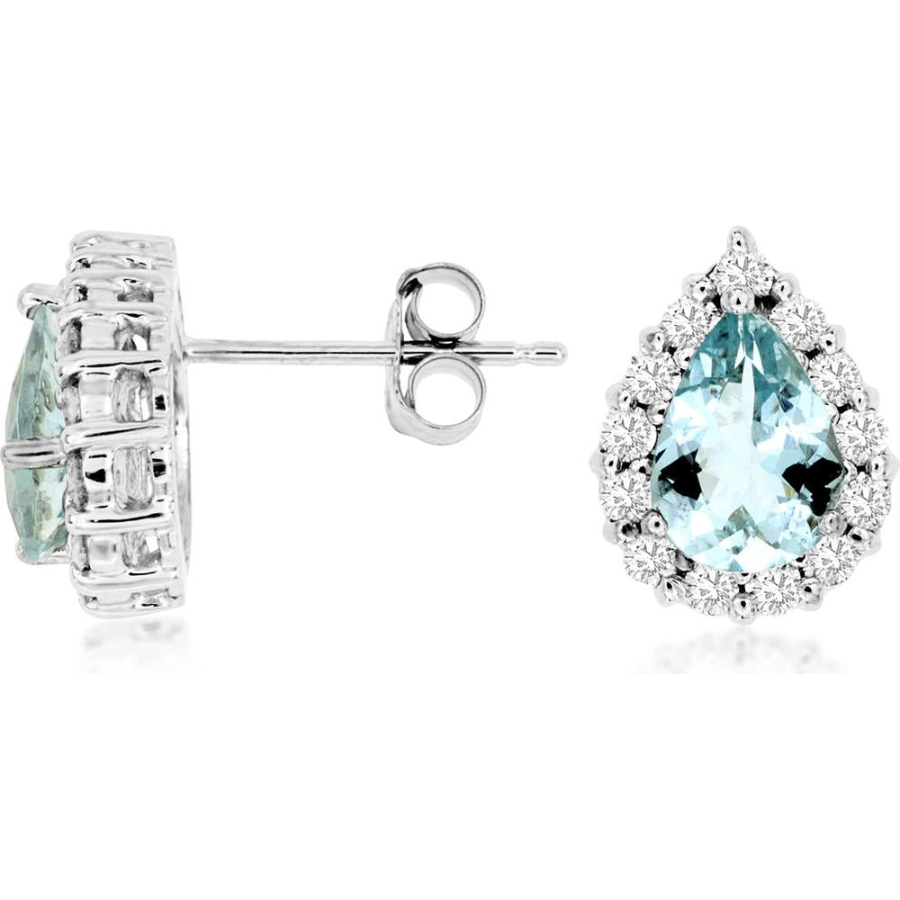 14K White Gold Pear Shape Aquamarine and Diamond Halo Stud Earrings - 1.90 Carat Total Aquamarine Weight, 0.60 Carat Total Diamond Weight - Royal Jewelry