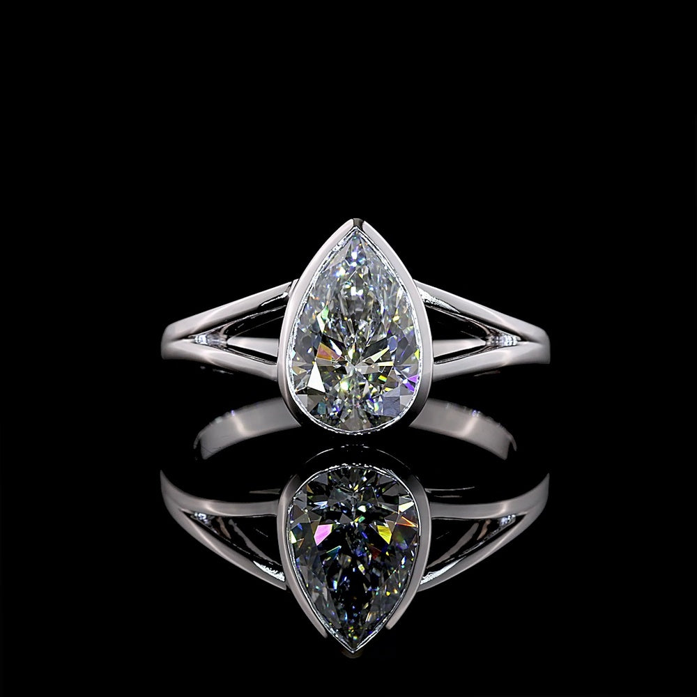 14K White Gold Pear Shape Bezel Set Solitaire Ring with 1.55 Carat Lab Grown F VVS2 Diamond - North-South Orientation - Covaloro Fine Jewelry